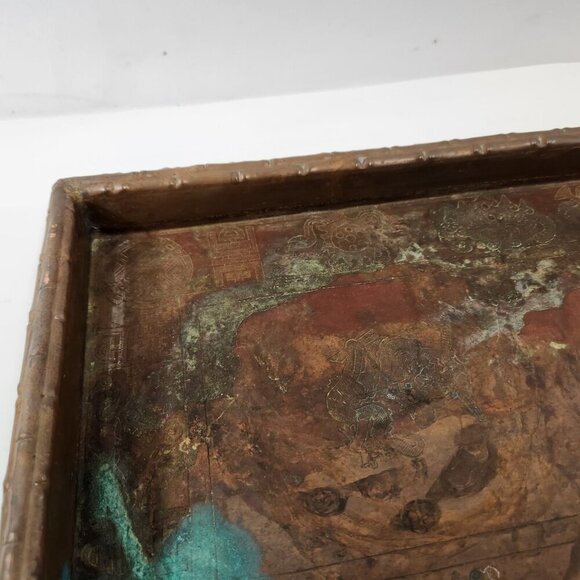 Chinese Copper Serving Tray Dragon Fish Symbols Bamboo Motif Antique 26x8" - Picture 12 of 14